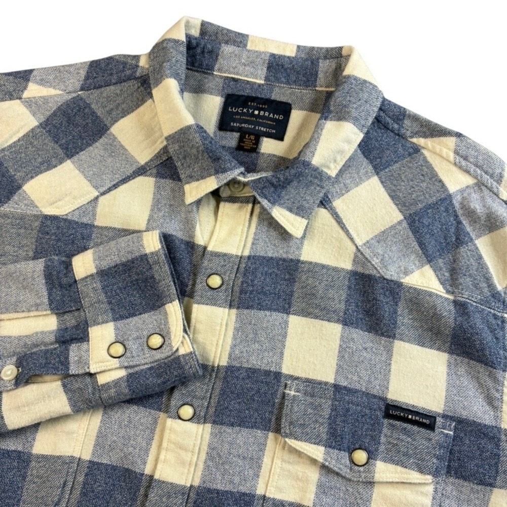 Lucky Brand Saturday Stretch Size Lg Plaid Flannel Shirt Long Sleeve Pearl Snap